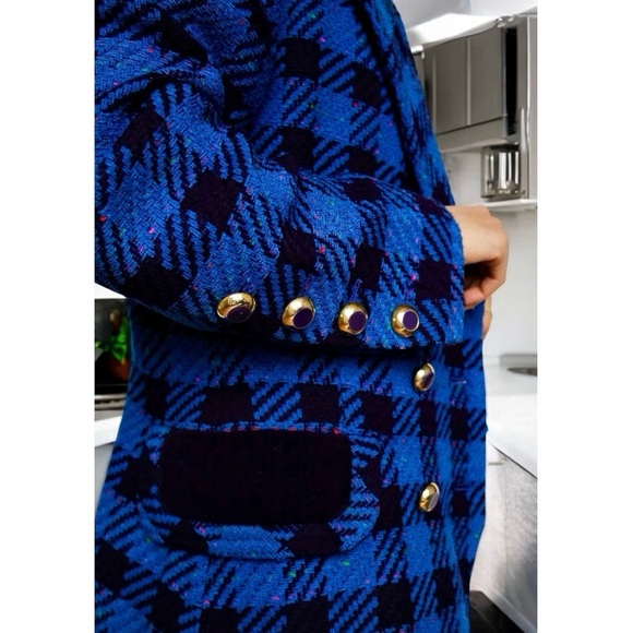VTG Escada by Margaretha Ley Blue Checked Flecked Wool Double Breasted Blazer 10 - Picture 3 of 14